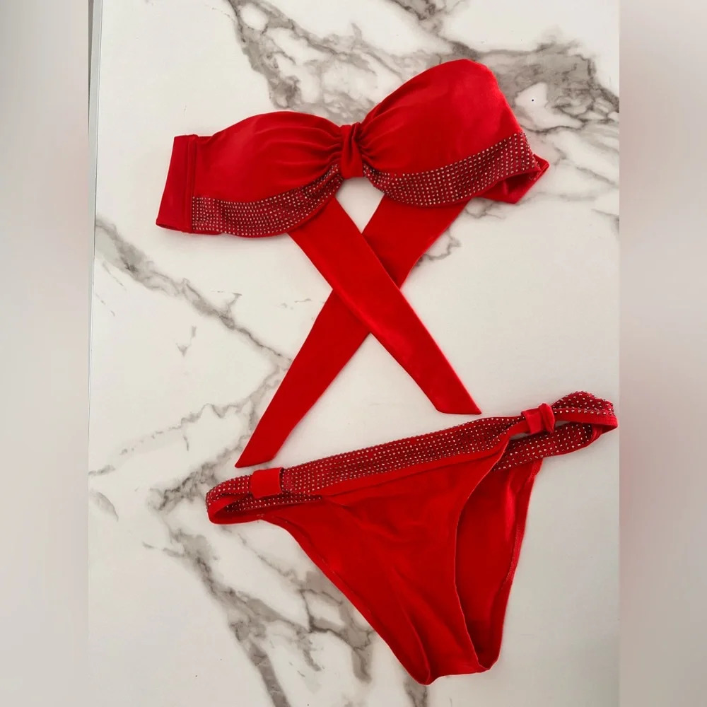 Kardashian Kollection Swimwear size Medium two piece set in red bandeau bikini